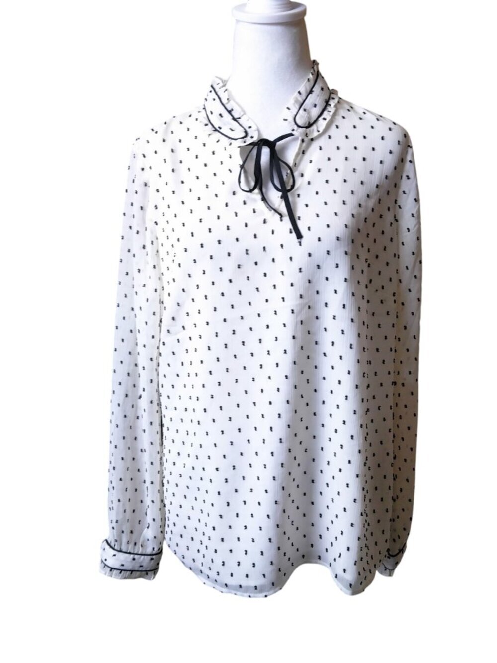 Talbots Size Small Tie Neck Blouse White Black Swiss Dot Ruffle Accent Office